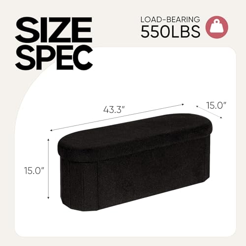 43 Inches Oval Ottoman with Storage, Boucle Sherpa Storage Ottoman Bench, Folding Foot Rest Chest for Bedroom Living Room - color: Black, size: 43"D x 15"W x 15"H