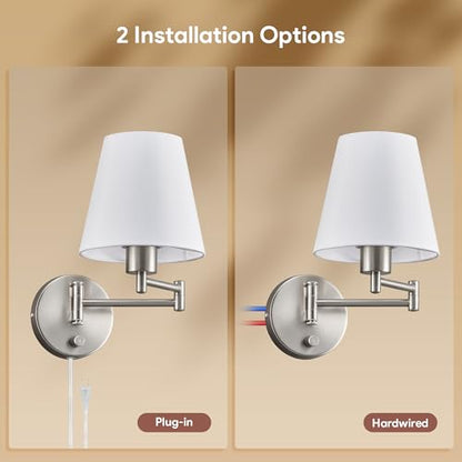 VONLUCE Wall Lamp, Plug in & Swing Arm Wall Sconce, Nickel Finish | Modern Wall Lights with White Fabric Shades, Plug in & Hardwired Wall Mounted Light for Bedside, Living Room, Hallway - color: Nickel, size: 1 Pack