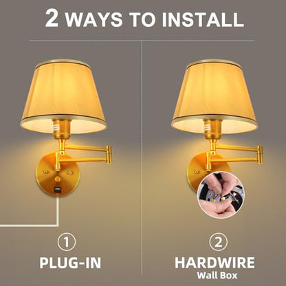 Plug-in Wall Sconce Swing Arm 1-Light Wall Mount Lamp with USB Charging Port Wall Sconce Lighting with Dimmable On Off Switch Gold Fabric Shade Brass Wall Lamp Light Fixture - color: Gold