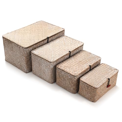4 Pack, Wicker Baskets with Lids, Natural Seagrass Storage Baskets, Woven Rectangular Basket Bins, Rattan Storage Organizer for Shelf (Whitewashed, Set of 4) - color: Whitewashed, size: Set of 4