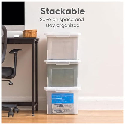 IRIS USA File Box, Plastic File Organizer with Lids for Letter/Legal File, Portable Document Box For Moving, Storage Bin with Durable and Secure Lid, Stackable Nestable BPA-Free, Clear 35 Qt. 8 Pack | Portable Moving Box, Stackable and Secure Storage, Dur