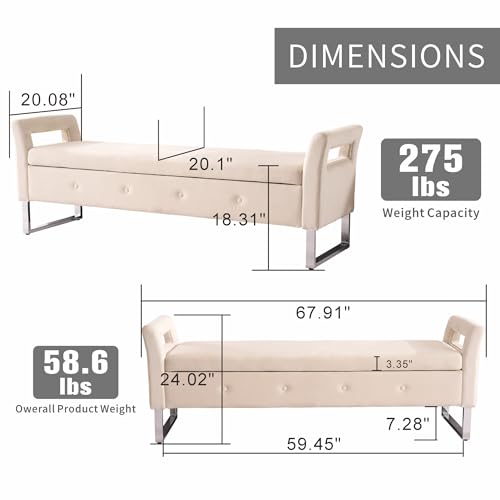 Chifee & Vingol Storage Bench with Armrests, 67.91 Inch Velvet End of Bed Bench Upholstered Storage Ottoman for Bedroom, Livingroom, Entryway - Beige - color: 68"-beige