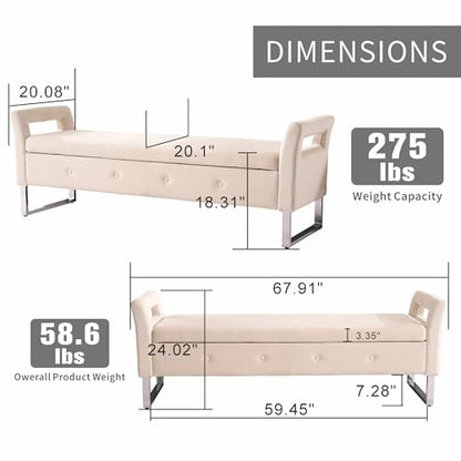 Chifee & Vingol Storage Bench with Armrests, 67.91 Inch Velvet End of Bed Bench Upholstered Storage Ottoman for Bedroom, Livingroom, Entryway - Beige - color: 68"-beige
