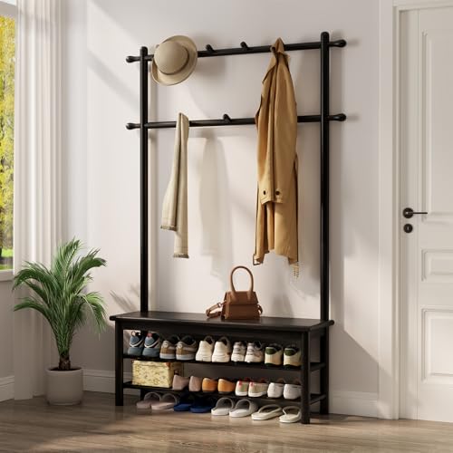 AQIMUELE Coat Rack with Shoe Storage, Wooden Hall Tree with Bench, 11 Hooks and 2-Tier Storage Shelves, 3-in-1, Entryway Bench with Coat Rack (39.3"-Black) - color: Black, size: 39.3"