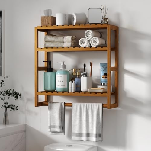 Galood Over The Toilet Storage Bathroom Shelves Wall Mounted 3 Tier Brown-L | Space Saver Corner Shelf Organizer Bamboo Towel Rack Toilet Paper Cabinet with Hanging Rod - color: Brown 1pack, size: Large