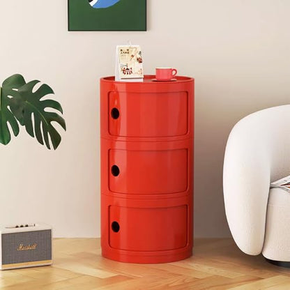 3 Tier Round Nightstand with Drawer, Red Round Side Table Small Plastic Storage End Table for Bedroom, Living Room, Bathroom - color: Red