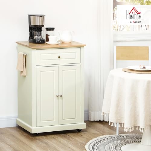 HOMCOM Rolling Kitchen Island Cart, Drawer & Adjustable Shelf, Cream White | Portable Serving Trolley Table, 2 Towel Racks - color: Cream White