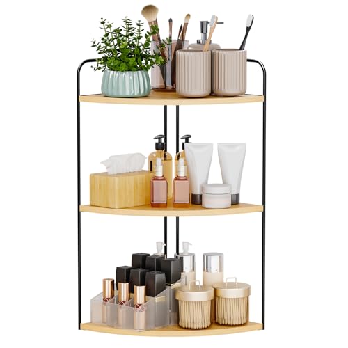 Bathroom Counter Organizer, Vanity & Makeup Countertop Organizer | Corner Bathroom Counter Organizer, Bathroom Sink Organizer, Bathroom Counter Shelf, Countertop Organizer, Corner Desk Shelf - color: Black-burlywood 3 Tier