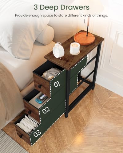 Narrow Side Table with 3 Fabric Drawers, Industrial Slim Bedside Table for Small Spaces, Bedroom, Living Room, Dormitory, Rustic Brown and Black TBZ09BF - color: Rustic Brown + Black