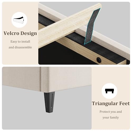 GAOMON King Bed Frame with Upholstered Headboard, Heavy-Duty Platform Bed Frame with Strong Wood Slats, No Box Spring Needed/Noise Free/Easy Assembly, Ivory White | Heavy-Duty Bed Frame with Wooden Slats Support Upholstered Mattress Foundation No Box Spri