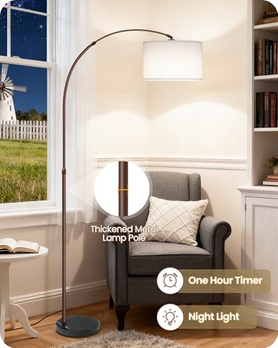 75" Arc Floor Lamp with Marble Base and Adjustable Height, Rotating Hanging Shade, Dimmable Floor Lamp for Living Room with Remote and Foot Switch, 3CCT, Over Couch Arched Light, White Brown VW15LD05 - color: Brown + White