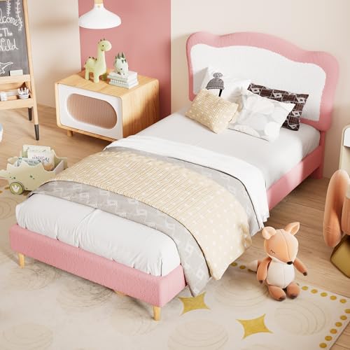 Garvee Full Bed Frames for Kids with Soft headboard, Velvet Low Bed Frame for Girls, Boys, No Box Spring Needed, Wooden Slats, Noise Free, Sturdy, Easy Assembly, Pink, White - color: Pink White, size: Full