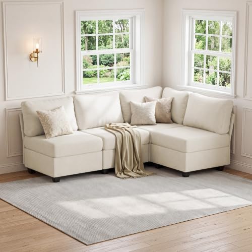 Breakfast Nook Bench with Storage, 4 Seats Modular Corner Banquette Seating | Dining Settee Couch, Hidden Storage, Modular L Shaped Upholstered Backrest, Fits Kitchen Dining Nooks, Beige - size: 4 Seats