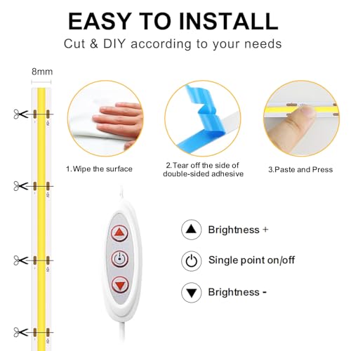 COB LED Strip Lights 10FT，5V USB Powered LED Rope Lights | with App Control，6000K Dimmable Cold White LED TV Backlights,8mm Width Flexible LED Tape Lights for Bedroom，Cabinet,Kitchen - color: White, size: 10ft
