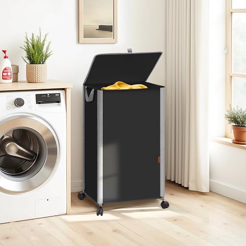 STORAGE MANIAC Rolling Laundry Hamper with Lid, 23.7 Gal (90 L) Large Tall Laundry Basket with Wheels & Handles, Aesthetic Dirty Clothes Hamper for Small Space, Dorm, Apartment, College, Black - color: Black