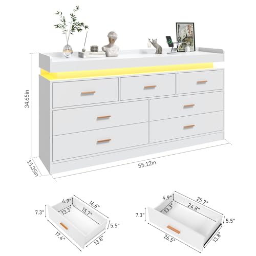 jiteentarou 7 Drawer Dresser with Charging Station and LED Lights, Modern Chest of Drawers with Power Outlet, Organizer Cabinet for Bedroom, Living Room, Entryway, White - color: White, size: 15.4"D x 55.1"W x 34.6"H (7 Drawers)