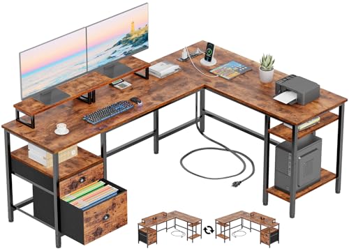 Furologee 66” L Shaped Desk with Power Outlet, Reversible Home Office Desk with File Drawer, 2 Monitor Stands, Storage Shelves, Corner Computer Table for Gaming, Writing, Rustic Brown - color: Rustic Brown, size: 66 Inch