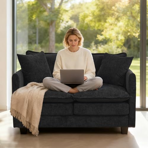 50'' Loveseat Sofa Cloud Sofa Couch, Modern Loveseats 2 Seat Couch 27" Deep Seat with 2 Pillows for Small Spaces Apartment Studio Office Bedroom Living Room, Black - color: Black, size: 50"