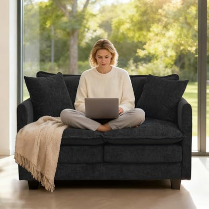 50'' Loveseat Sofa Cloud Sofa Couch, Modern Loveseats 2 Seat Couch 27" Deep Seat with 2 Pillows for Small Spaces Apartment Studio Office Bedroom Living Room, Black - color: Black, size: 50"