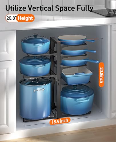 Pots and Pans Organizer Under Cabinet 20.8", 8-Tier Adjustable Black | 2 DIY Modes, Tool-Free Assembly, Max 120 Lbs, Fits Large Stockpots, Cast Iron Pans & Heavy Cookware, For Kitchen Cabinets - color: Black, size: 21"H