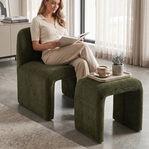 Hyfirm Accent Reading Chair with Ottoman, Chenille Upholstered Comfy Armless Accent Chair with Footrest Modern Side Lounge Chair for Living Room Bedroom, Moss Green - color: Green Chenille