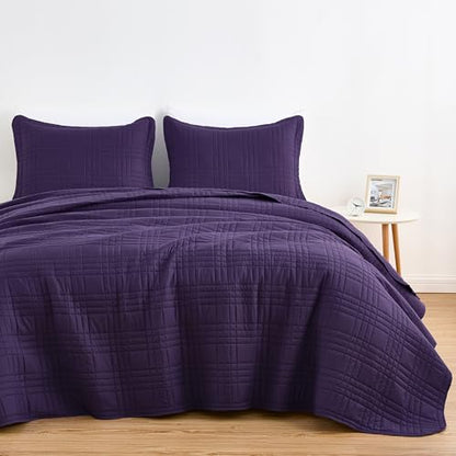 Chezmoi Collection Kingston Queen Size Bedspread Set, 3-Piece Dark Purple Oversized Quilted Microfiber Lightweight Bedspread Coverlet (100"x106") for All Seasons - color: Dark Purple, size: Queen