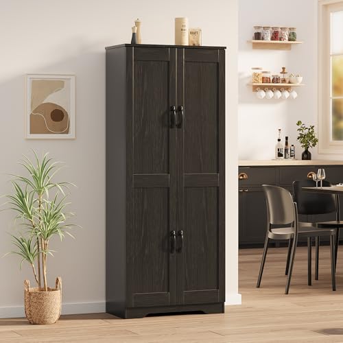 Garvee Tall Pantry Cabinet, 60" Kitchen Storage Cabinet with 2 Doors & Adjustable Shelves, Freestanding Wooden Cupboard for Bathroom，Dining Room, Living Room, Black | Kitchen Storage Cabinet with 2 Doors & Adjustable Shelves, Wooden Cupboard for Bathroom，
