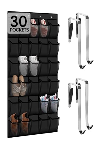 Kotkn Over the Door Shoe Organizer with 30 Breathable Mesh Pockets - Large Capacity Closet Storage for Men & Women, Hanging Shoe Rack Organizer (Solid black) - color: Solid black
