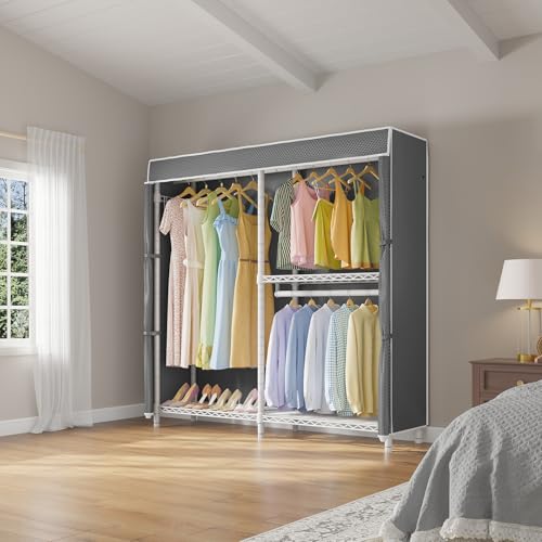 VIPEK V4C Heavy Duty Adjustable Clothing Rack, White Metal Closet Rack with Grey Cover, 57.9" L x 17.3" W x 76.4" H, 3 Hanging Rods & Side Hooks, Portable Closet - color: White Rack with Grey Cover, style: V4C