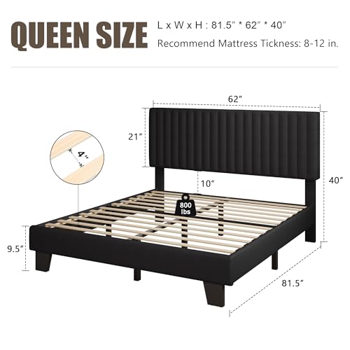 Einhomn Queen Size Bed Frame with Headboard, Upholstered Linen Platform Bedframe with Solid Wooden Slats, Noise-Free, No Box Spring Needed, Easy Assembly, Black - color: Black, size: Queen