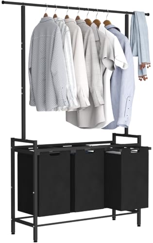 Large Laundry Hamper with Clothes Rack Hanging Bar, 10 x 3 Gal Pull-Out & Removable Sorter Bags, Freestanding Laundry Basket Organizer for Bathroom, Bedroom and Laundry Room, Black
