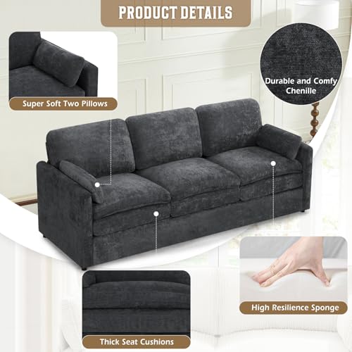89" Chenille 3 Seats Sofa with 2 Pillows, Dark Grey | Modern Upholstered Sofa with Deeper Seats, Comfy Sofa with Thickened Cushions for Living Room, Apartment - color: Dark Grey, size: Sofa