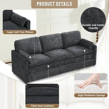 89" Chenille 3 Seats Sofa with 2 Pillows, Dark Grey | Modern Upholstered Sofa with Deeper Seats, Comfy Sofa with Thickened Cushions for Living Room, Apartment - color: Dark Grey, size: Sofa