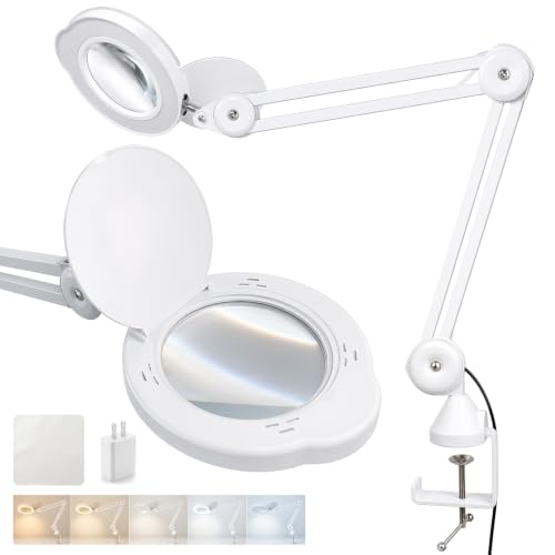 knitly Magnifying Glass with Light, 15X Optical Glass Lamp for Close Work, 5 Color Modes, 9 Brightness Levels, Hands-Free Desk Clamp for Jewelry, Crafts, Soldering, Reading, Nail Detail, Snow White