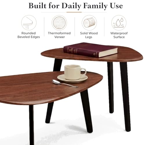 Nesting Coffee Table Set of 2-Mid Century Modern Coffee Table | Guitar Pick Stacking Tables with Solid Wood Legs,Small Coffee Tables for Small spaces,Living Room,Balcony - color: Walnut