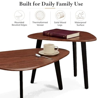 Nesting Coffee Table Set of 2-Mid Century Modern Coffee Table | Guitar Pick Stacking Tables with Solid Wood Legs,Small Coffee Tables for Small spaces,Living Room,Balcony - color: Walnut