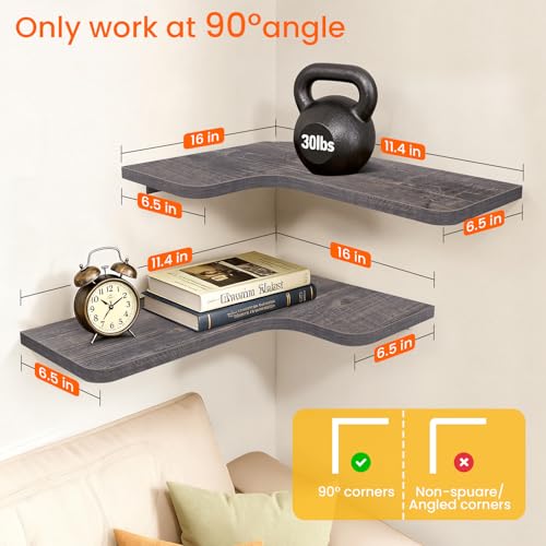 Corner Shelves Wall Mounted, Set of 3 Floating Corner Shelves with Cord Hole, 3 Tier Wooden Hanging Shelves for Storage and Display, for Bathroom Kitchen Living Room, Rustic Grey - color: Rustic Grey