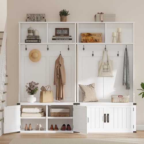 IDEALHOUSE 76" Hall Tree with Bench and Shoe Storage, Farmhouse 4-in-1 Entryway with Coat Rack & 5 Tri-Hooks, Adjustable Shelf, White Mudroom Bench with Storage Seating, Space Saving, White - size: 39"W