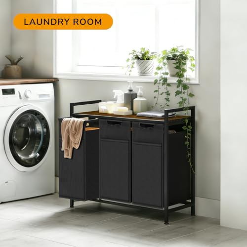Laundry Hamper with Shelf, Laundry Basket with 3 Pull-Out Removable Bags, 3x 10.6 Gallons(120L), Metal Frame, Lockable Wheels, for Laundry Room and Bedroom - color: Black and Rust (3 Bags 120L)