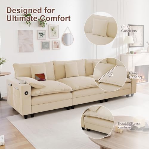 KCGKCG 116" 3-Seater Cloud Sofa, Modular Sectional Couch, Chenille Deep Seat Cloud Couch with Charging Station, Cup Holder, Side Pocket, Double Layer Seat Cushion Couches for Living Room, Beige - color: Beige, size: 116"- Loveseat