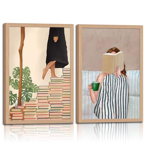 Framed Reading Canvas Wall Art Set of 2 Modern Book Lover Prints Minimalist Poster Painting Picture Gallery Wall Decor for Bedroom Living Room Office Library 12x16 In - color: Book Gir, size: 12x16in
