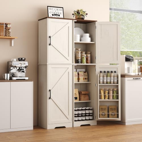 Function Home Farmhouse 주방 식료품 저장실 캐비닛, 162.6cm(64인치) 높이 슬림 욕실 보관 캐비닛, 헛간 문과 조절 가능한 선반이 있는 5단 나무 바닥 캐비닛, 다이닝 룸 거실용 앤티크 화이트 - color: 앤티크 화이트, size: 15.8"Wx11.81"Dx64"H
