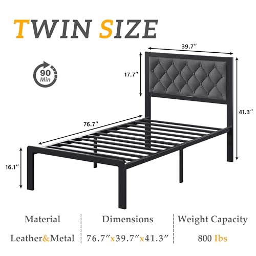 HISOFT Twin Bed Frame with Upholstered Button Tufted Headboard, Bed Frame Platform Metal Slats Support, Under Bed Storage, No Box Spring Needed, Noise-Free, Easy Assembly, Grey - color: Grey, size: Twin