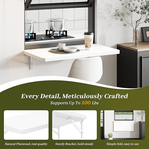 Dogsky 24" x 14" Floating Wall Desk, Fold Down Wall Table - 100 lbs Heavy Duty Solid Pine Wall Mount Folding Desk for Home Office, Laundry Room, Kitchen & Small Apartment, White - color: White, size: 24'' x 13.7'' x 6.3''