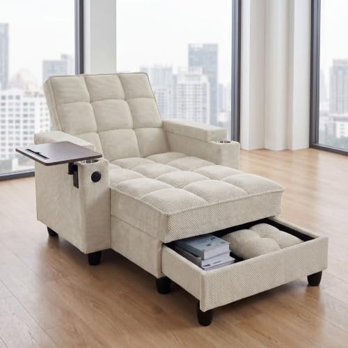 Convertible Sleeper Chair, Pull Out Sofa Bed with Adjustable Backrest & Hidden Storage Armrest, Single Sofa Recliner with USB Charging Port & Cup Holders for Living Room, Bedroom, Beige - color: C-beige-p8