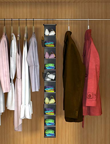 Libeder 10-Shelf Hanging Closet Shoe Organizers with Side Pockets, Grey | Hanging Closet Organizer with Side Pockets for Wardrode,Dorm, Folding Shoe Racks, Space Saving Hanging Shelves with Hooks - color: Grey With 6 Mesh Bags