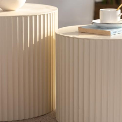 34" Space-Saving Modern Nesting Side Tables Set of 2, Modern Nesting Side Tables Set of 2 with Embossed Lines, Mid-Century End Table for Living Space, Beige+White