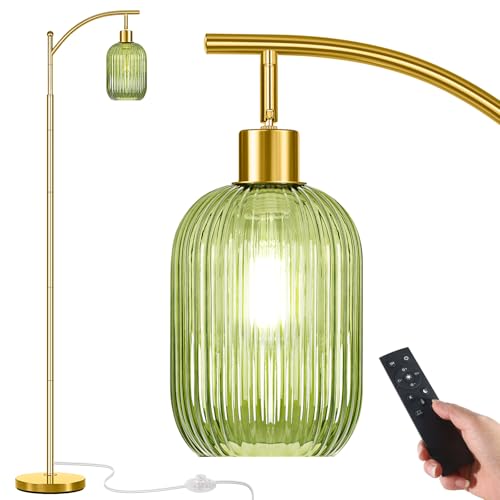 gernehop Gold Floor Lamp for Living Room with Remote Control,Unique Vintage Standing Tall Lamp,Mid Century Modern Floor Lamps Arc Green Glass Floor Lamps for Office Corner - color: Green & Remote