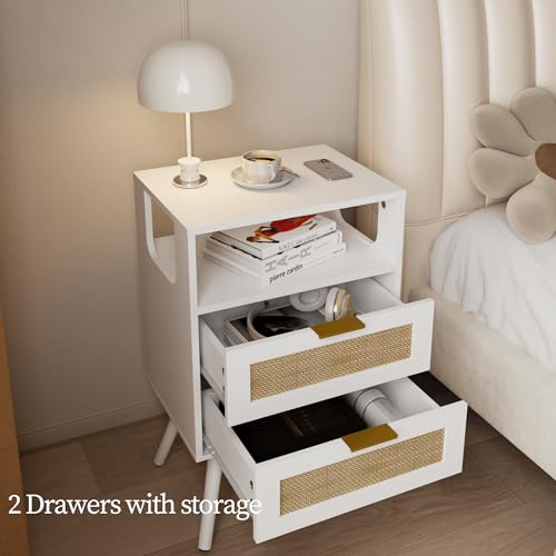 Rattan Nightstand,Farmhouse Bedside Table with 2 Storage Drawer and Open Wood Shelf, for Bedroom and Small Spaces,Night Stand with Solid Wood Legs (White) - color: White