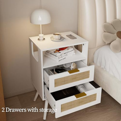Rattan Nightstand,Farmhouse Bedside Table with 2 Storage Drawer and Open Wood Shelf, for Bedroom and Small Spaces,Night Stand with Solid Wood Legs (White) - color: White